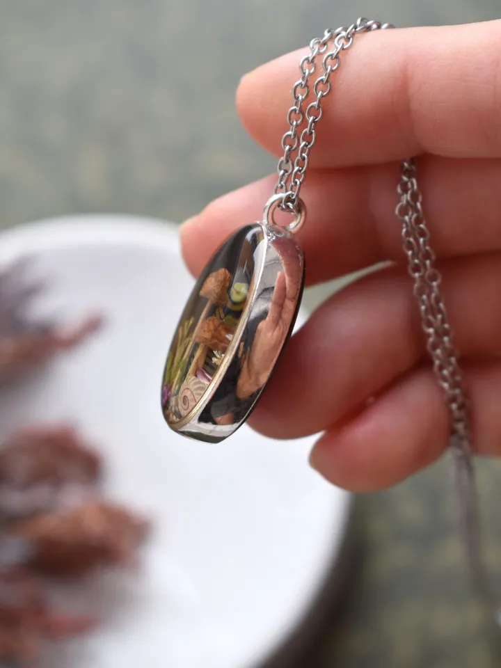 Real mushroom pendant. Necklace with dried mushrooms in resin. Necklace with a forest composition.
