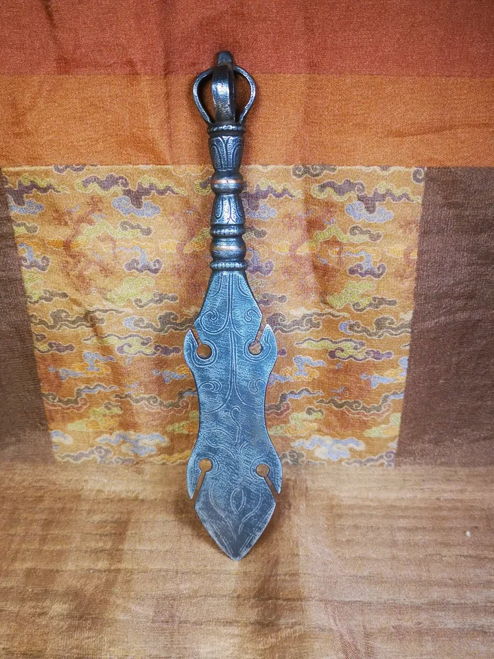 Gandhanra Tibetan Amulet Kila Dagger (Dorje Phurba),Dharma Ritual,Altar Tool,Made of Cold Iron inlaid with Copper