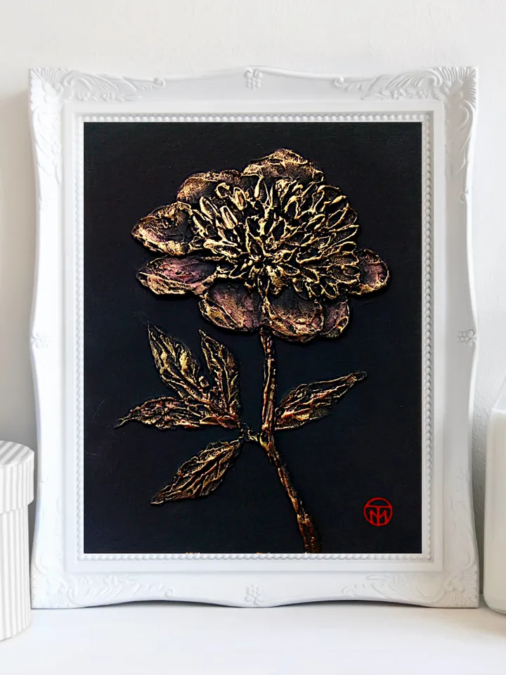 Peony Painting Textured Original Art Bas Relief Small Flower Painting Floral Black Gold Wall Art 8"x 6" By Colibri Art