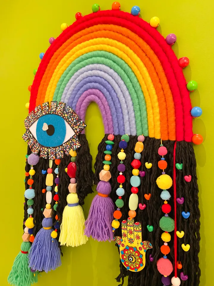 Extra large wall decor, Unique macrame rainbow wall hanging with eye and hamsa hand charm, Boho home aesthetic