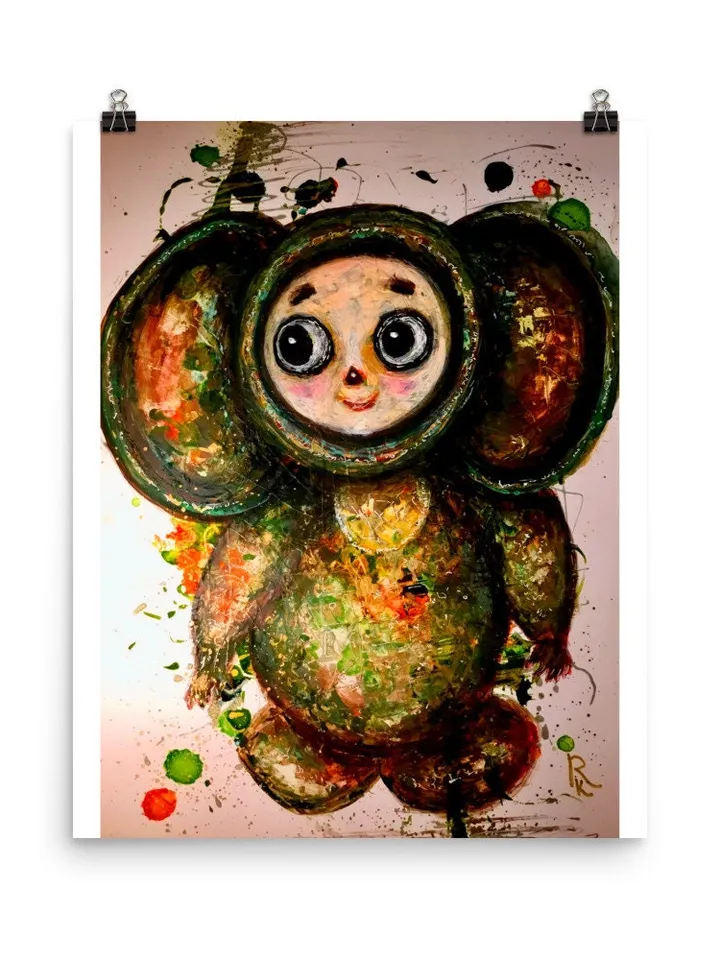 Cheburashka Photo paper poster made with my original mix media artwork,nursery room decor,unique gift.