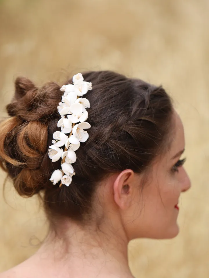 Gold Wedding hair accessories, Porcelain Flower Headpiece, Floral Bridal Headpiece, Rose Gold Hair Comb, Leaves Bridal Hair Accessories,