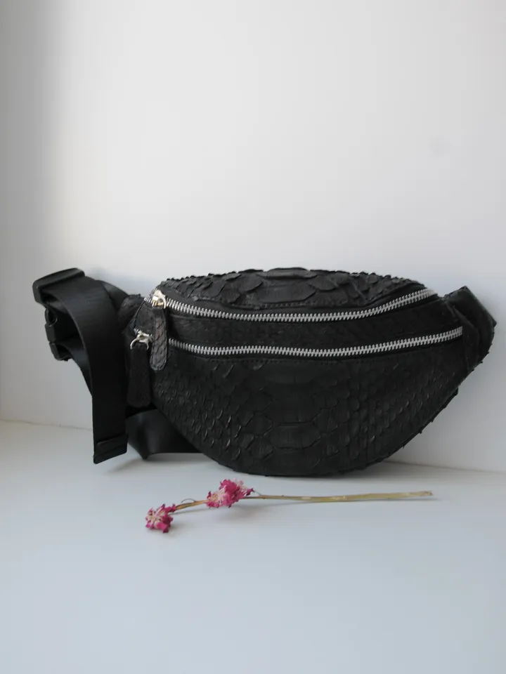 Genuine Python Skin Fanny Pack Black Color | Leather Belt Bag | Summer Bags | Unisex Fanny Pack | Exotic Leather Bags | Snake Print Bag