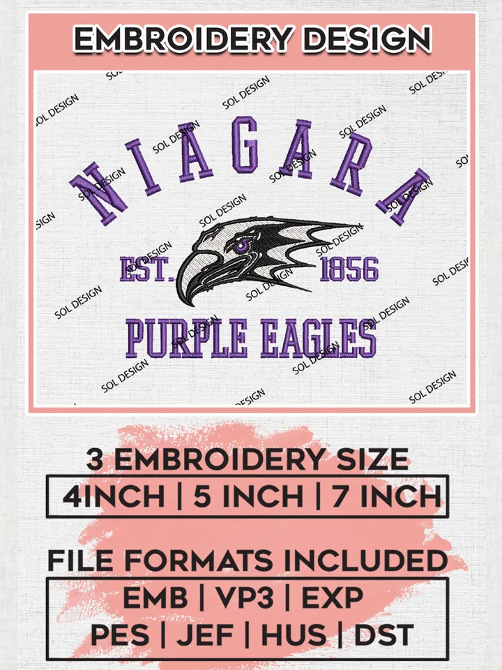 Niagara Purple Eagles Est 1856 Embroidery Designs, NCAA Niagara Purple Eagles Team Embroidery, NCAA Team Logo, 3 sizes, Machine embroidery Files, Digital Download