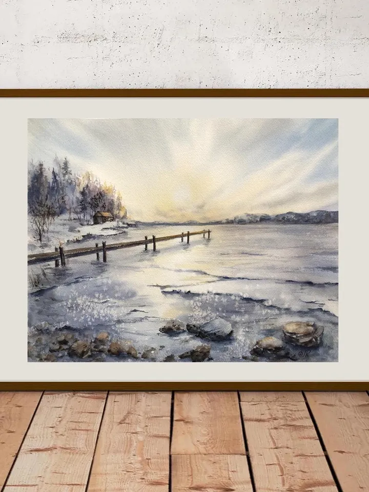 Landscape Original Watercolor Painting Sunset Art Lake Painting