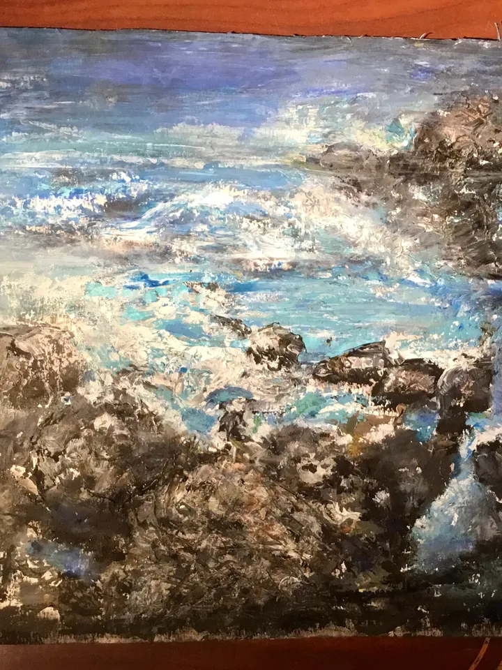 Rocks and ocean original acrylic mix media painting on paper,wall art,semi abstract seascape.