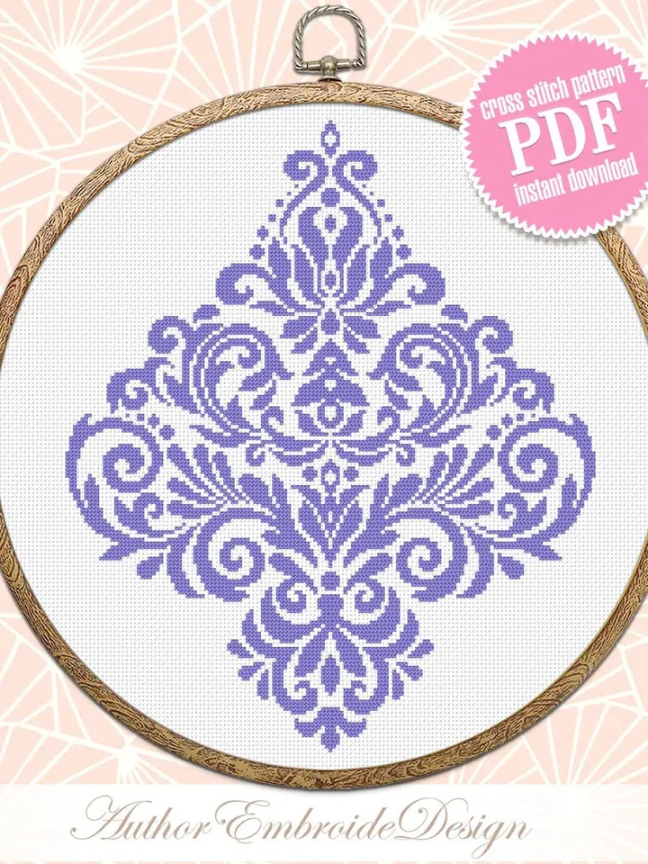 Floral damask ornament cross stitch pattern PDF download Flower mandala cross stitch chart, Floral scroll, Damask pattern digital PDF #M252
