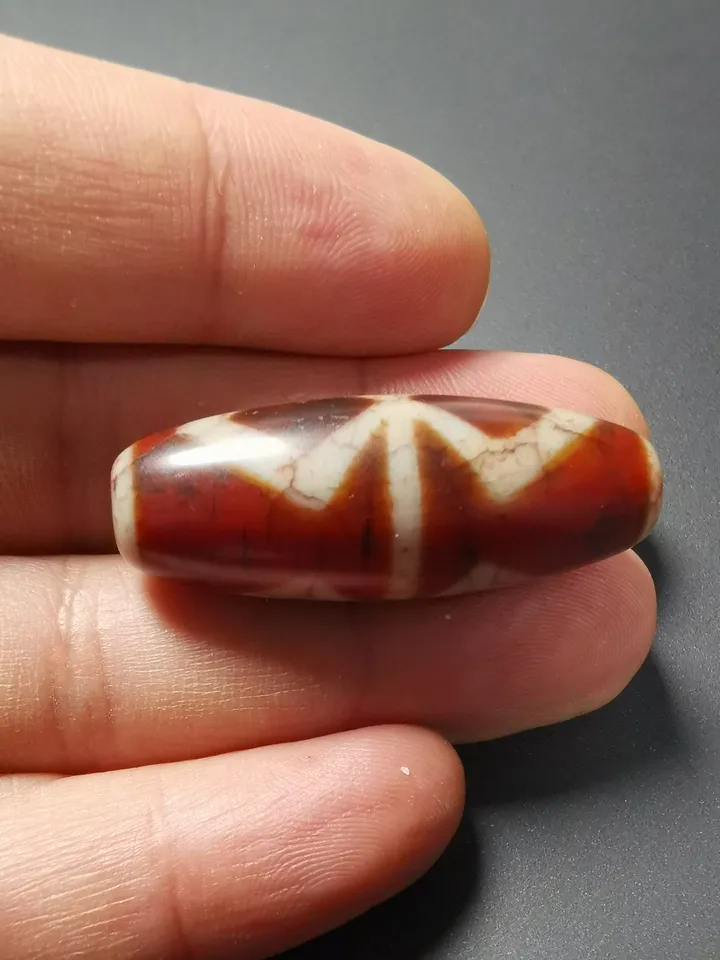 Gandhanra Ancient Tibetan Fire Agate Phum Dzi Bead with Dorje Vajra Pattern(1.58" * 0.55"), Protective Amulet for Vajrayana, zee Bead