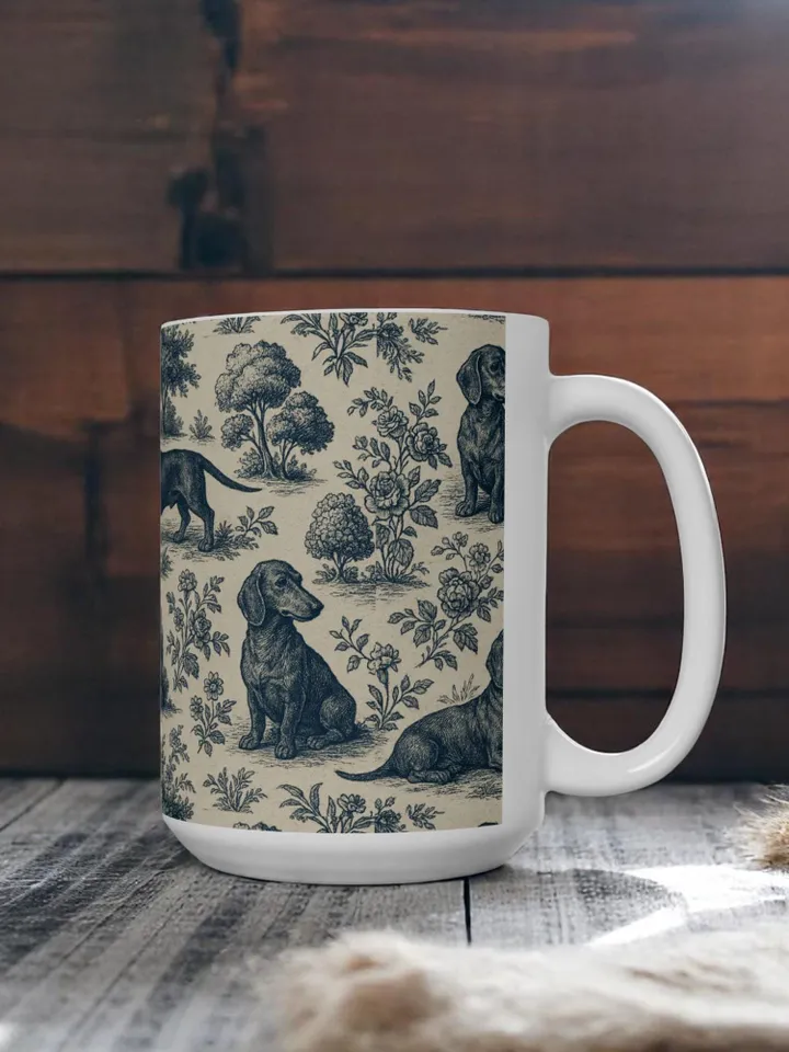 Dachshund French Toile de Jouy Ceramic Mug, Toile Coffee Cup for Doxie Mom, Sausage Dog Lover Gifts, Dog Tea Drinkware, Gift For Dog Lovers