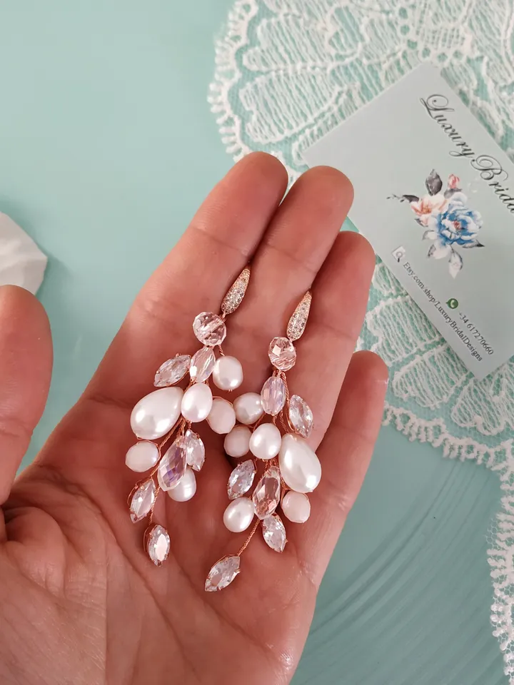 Diamond Rose Gold Wedding Earrings, Chandelier Statement Earrings, Floral Wedding Jewelry, Boho Wedding Earrings, Boho Bridal Earrings