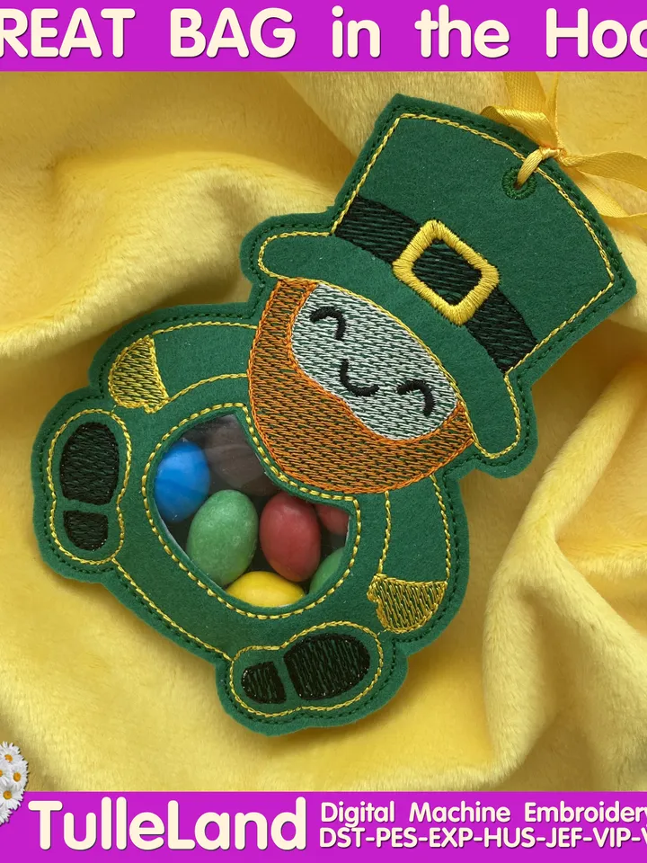 In The Hoop Machine Embroidery design ITH Peekabo Bag St. Patrick Day LeprechaunTreat Bag ITH Pattern.