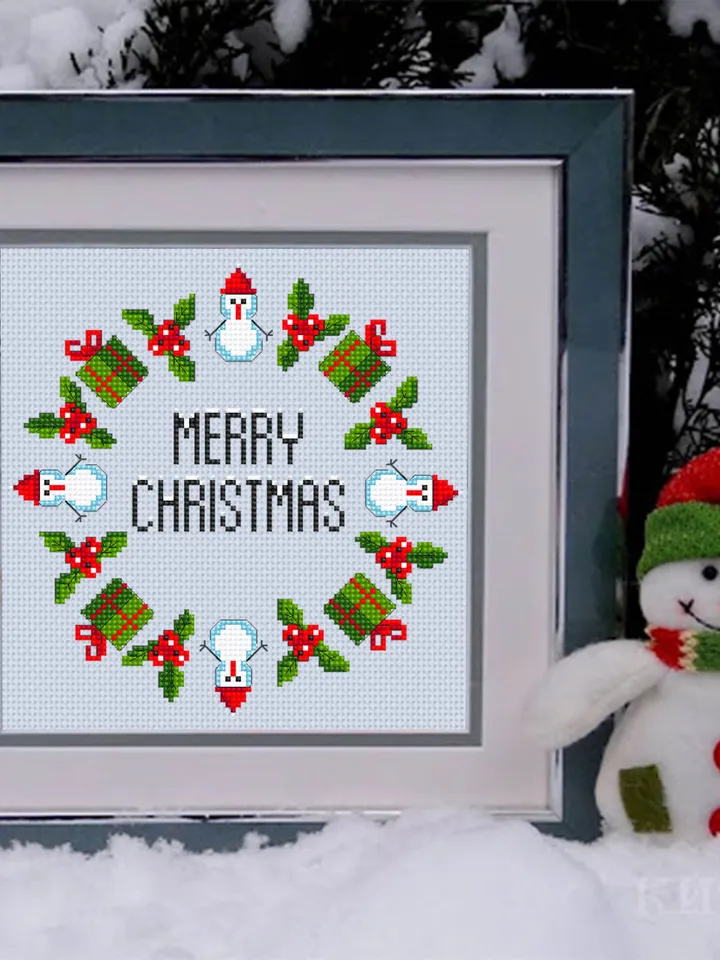 Snowman wreath cross stitch pattern download PDF Merry Christmas cross stitch chart Small Snowman pattern digital, DIY Christmas decor #N42