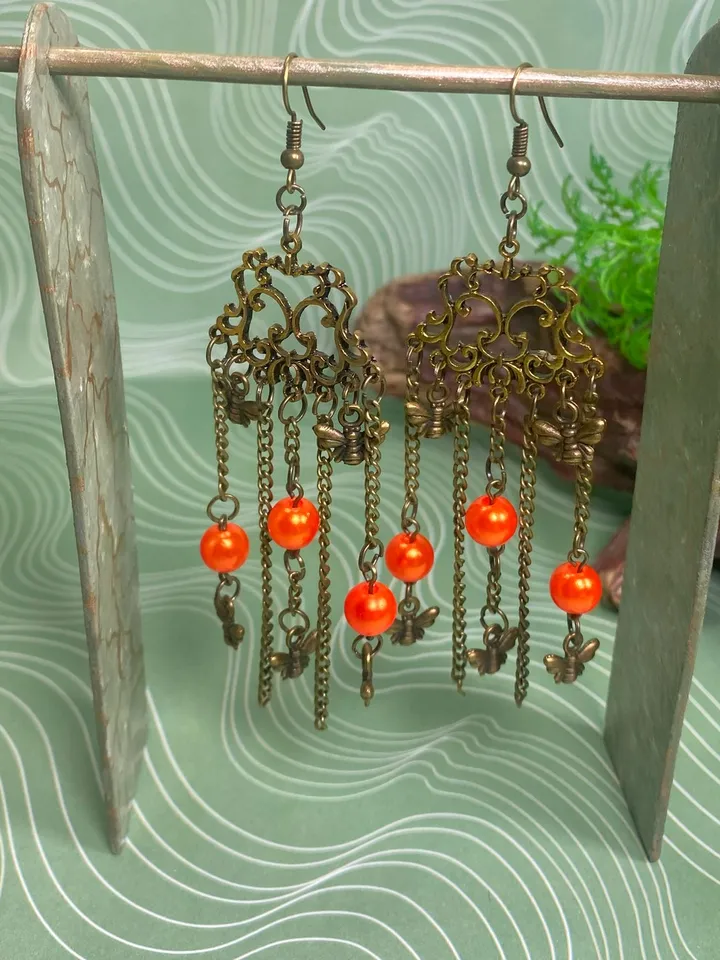 Vintage earrings with fly pendants. Interesting design. Handmade.