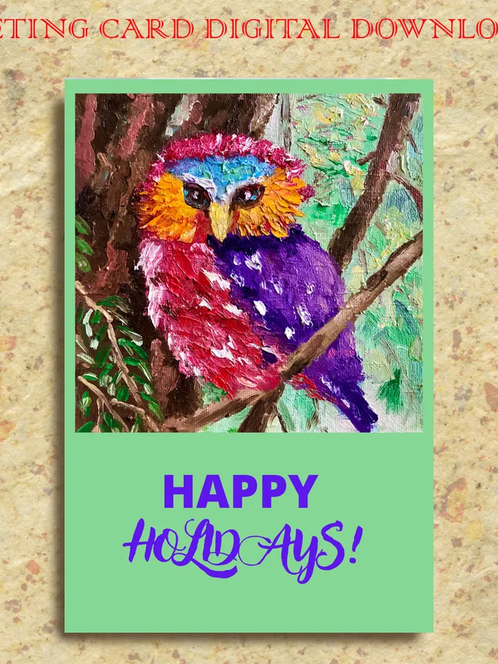 Owl greeting card, bird postcard, Digital download, Postable E-card, Happy Holiday greeting