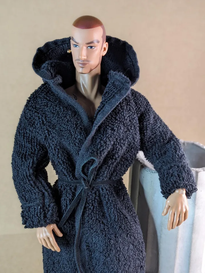 Navy blue terry bathrobe with a hood for 13 inch fashion male doll (FR Homme, Poppy Parker, Adonis)