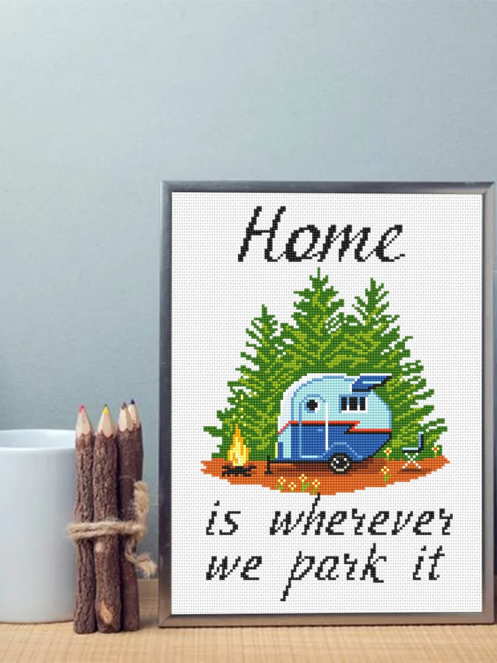 Camping cross stitch pattern PDF download Home is wherever we park it, Travel cross stitch chart, Camping pattern digital PDF #Q63
