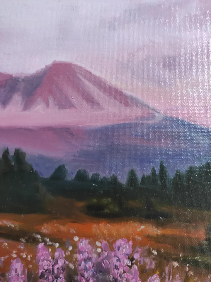 Oil painting landscape with daisies