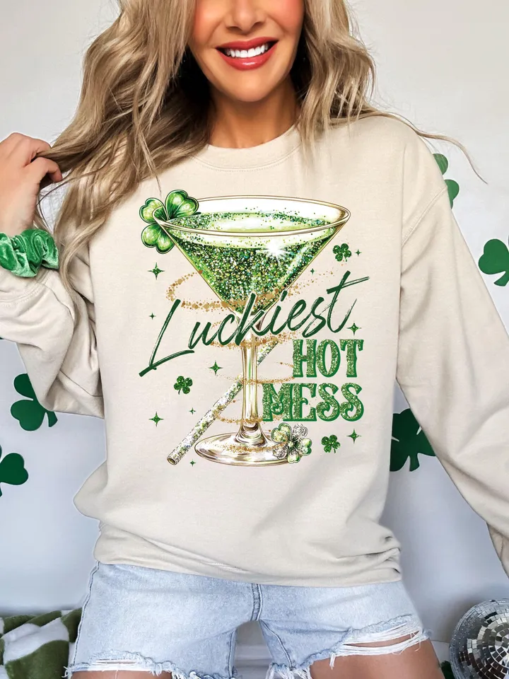 Luckiest Hot Mess PNG, Funny Drinking Martini png, Alcohol St Patricks Party png, Adult Humor Png, Lucky Sarcastic Shirt, Shamrock png