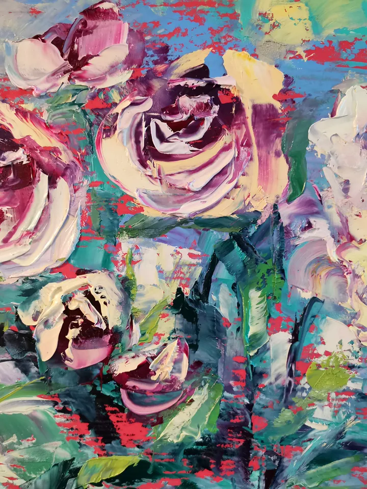 Oil Painting Flower Pink Roses Bushes Impasto Original Artist Svinar Oksana