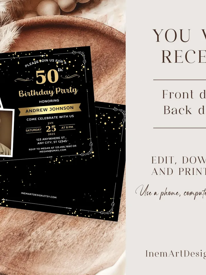 50th Birthday invitation with Photo | Adult Birthday Photo Invite | Mens birthday Black Gold landscape invitation card | Canva template
