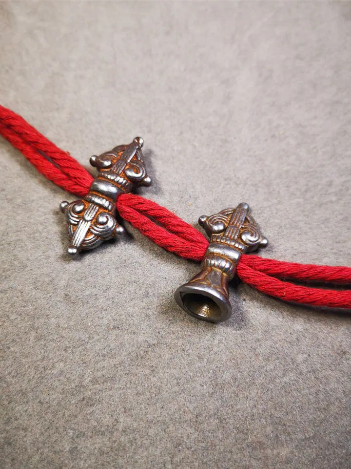 Gandhanra Handmade Tibetan Amulet, Big Size Vajra and Dorje Bell Pendant, Marker Bead for Mala Accessories, Made of Cold Iron