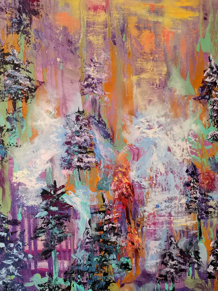Waterfall Forest Abstract Sunset Impasto Art Large Original Oil Painting Canvas Artist Svinar Oksana