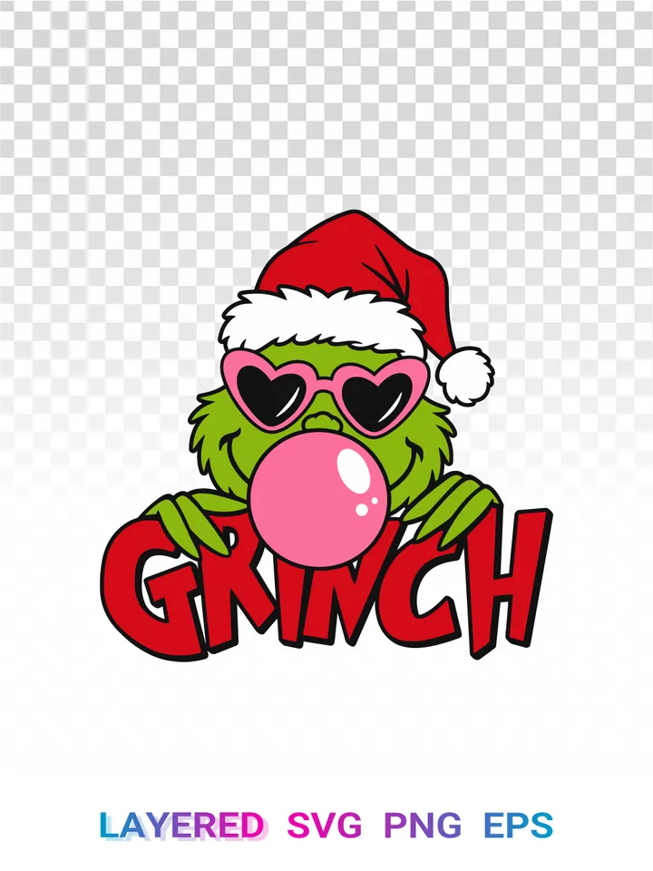 Grinch PNG SVG Bubble Gum, Heart Sunglasses Christmas Cricut