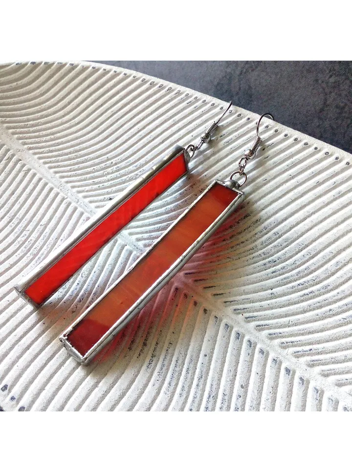 Minimalist earrings, simple Stained glass, Dangle geometric earring, rectangle earrings, Red earrings, Orange earrings