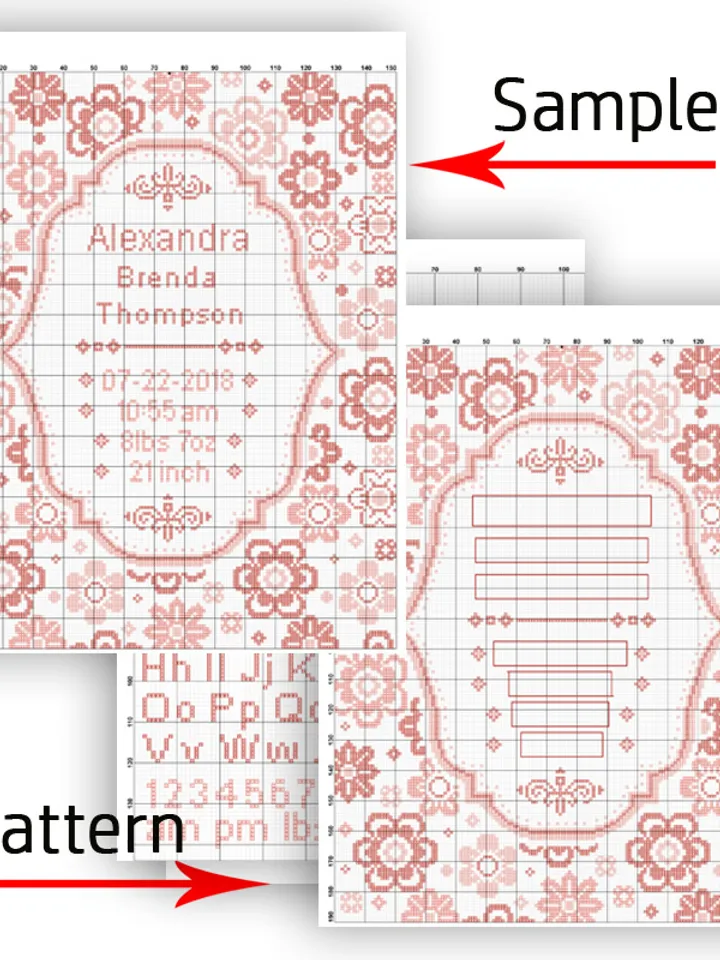 Baby Birthday cross stitch pattern. Floral border cross stitch pattern. Nursery cross stitch