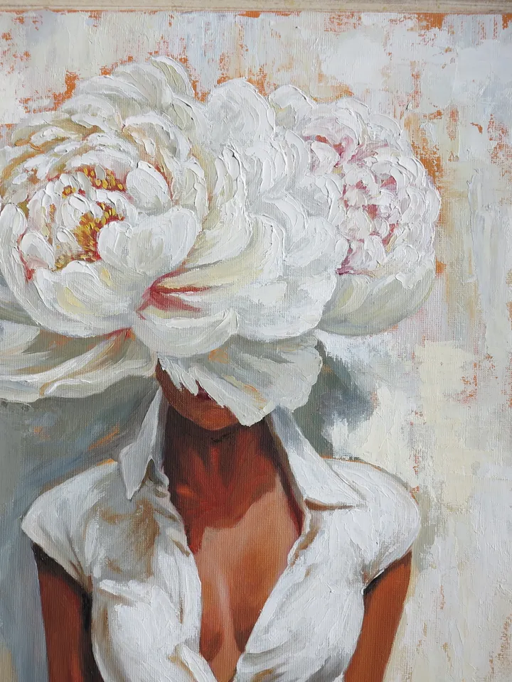 Original Oil Painting Portrait of a Girl With Flowers Woman Wthout Face With Peony Work of Art