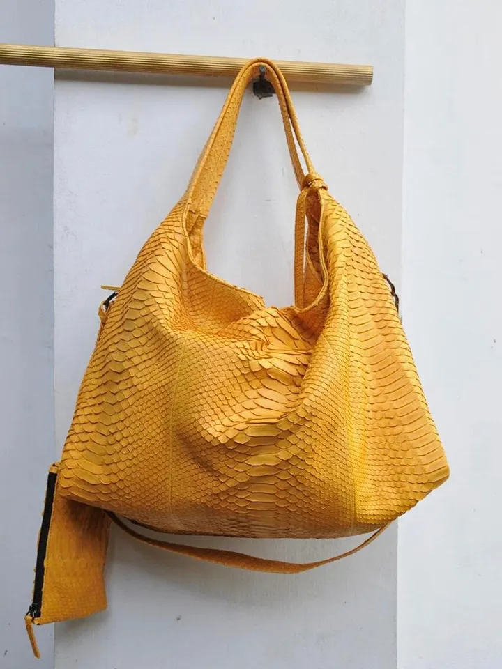 Big Soft Hobo Classy Sport Woman Bag | Purse Genuine Python Skin | Python Skin Products | Yellow Big Elegant Leather Designer Soft Bag Snake