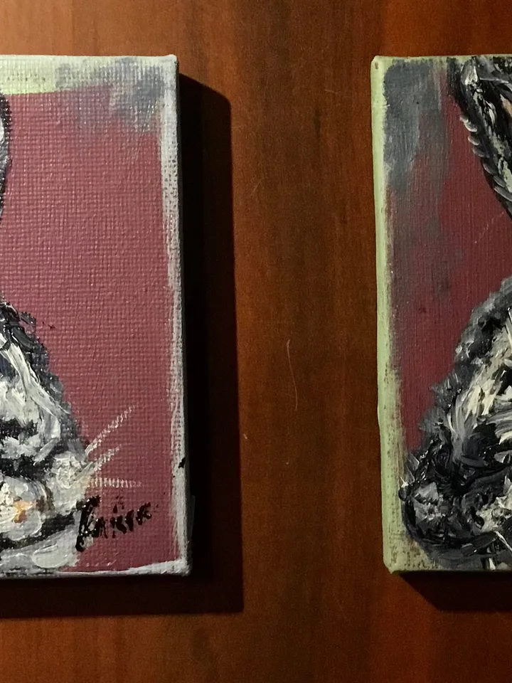 Set of 2 black rabbits painting,bunnies diptych painting original oil painting on small canvases,miniature love uniqie gift paintin