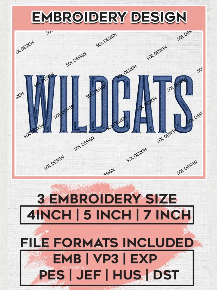 NCAA Wildcats College Team Writing Logo Embroidery Design Files, NCAA Villanova Wildcats Machine Embroidery, NCAA Teams, 3 sizes, NCAA Machine embroidery designs, Digital Download