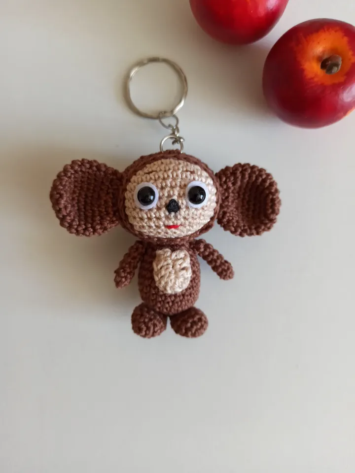 Crochet keychain Cheburashka, cute bag charms