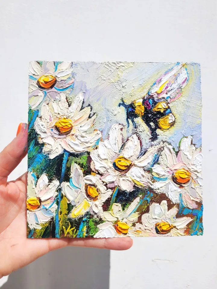 Daisy Painting Bumble Bee Painting Original Impasto Oil Painting 6x6 Honey Bee Wall Art Daisy Artwork Bee and Flower Art Christmas Gift by ArtFromVictoria