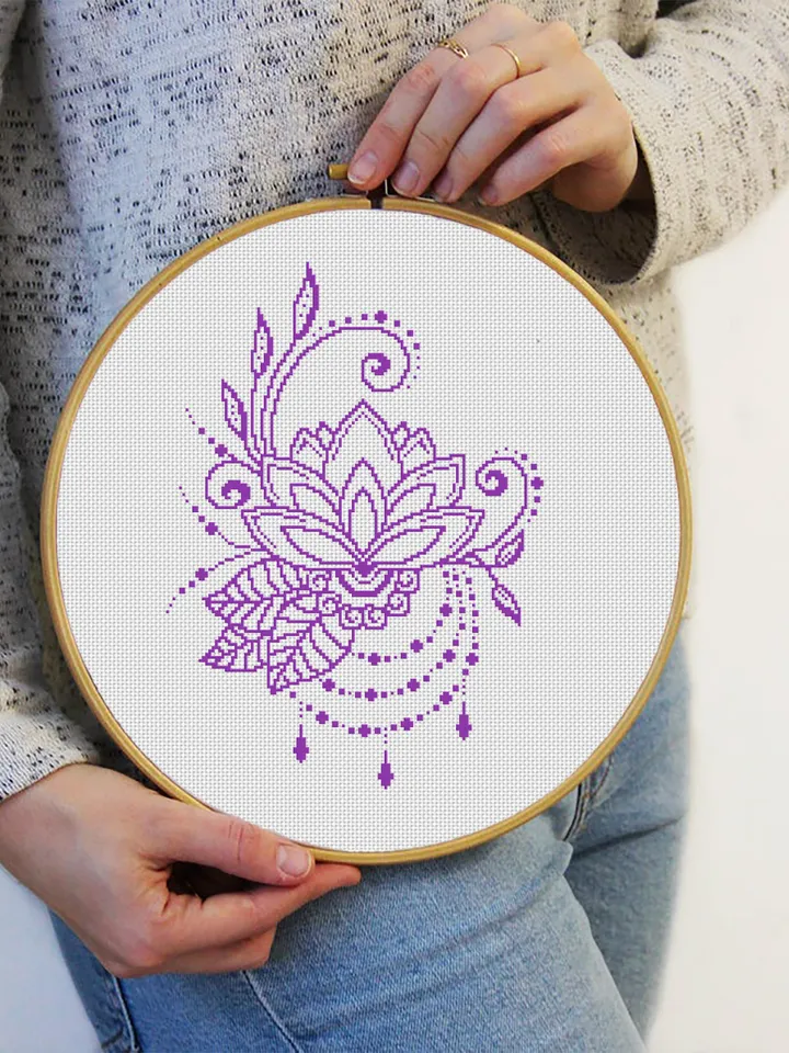 Flower lotus mandala cross stitch pattern download PDF, Floral ornament cross stitch chart, Monochrome mandala ornament, DIY Home decor #M58