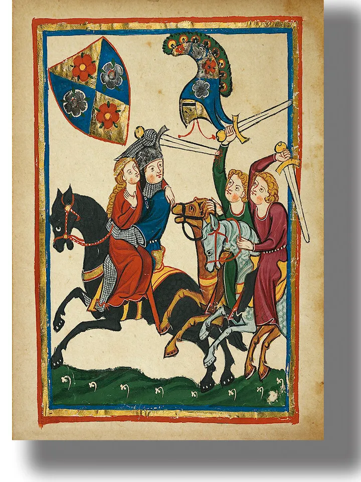 Lovers and their pursuers from a medieval manuscript Codex Manesse.