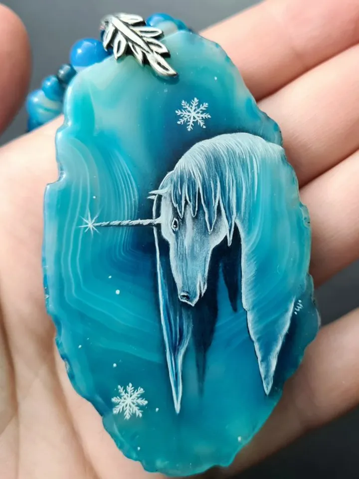 Unicorn necklace real oil painting Miniature on agate One of a kind Present OOA