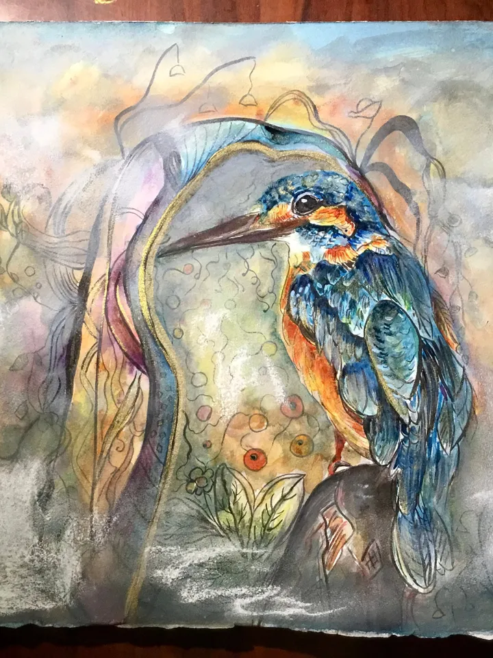 Kingfisher bird original watercolour mix media painting on watercolour paper,birds painting original wall art,interier decoration,gift.