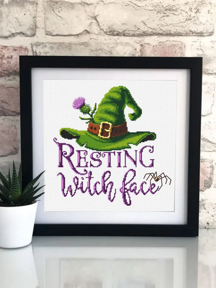 Resting witch face cross stitch pattern download PDF, Halloween witch cross stitch chart, Cute Halloween pattern digital PDF Home decor #H46