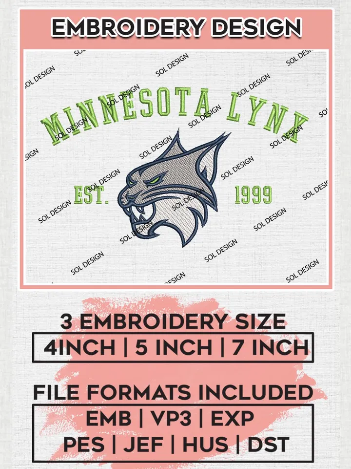 WNBA Minnesota Lynx Est 1999 Embroidery Files, WNBA Minnesota Lynx Team Embroidery Designs, WNBA Basketball Teams, 3 sizes, Machine embroidery designs, Digital Download