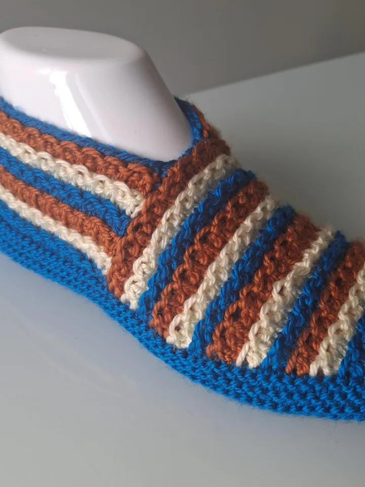 Blue Tan and White Color Wool Slippers - Handmade Cozy House Shoes