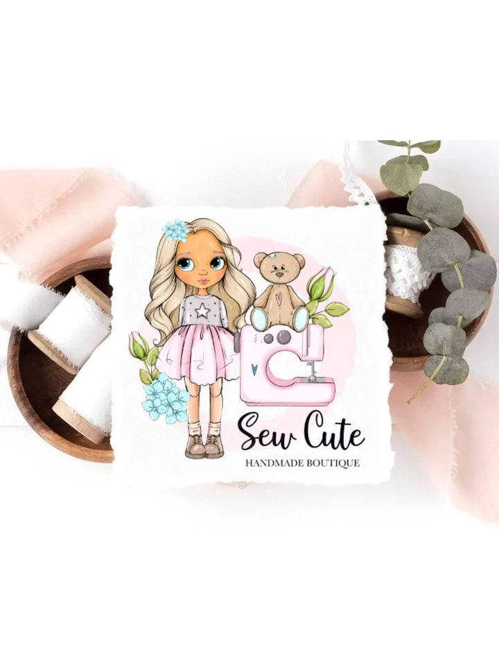 Cute sewing premade logo design with doll