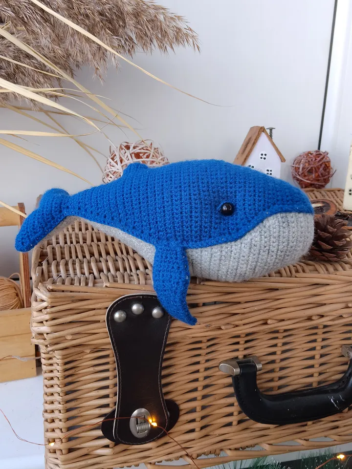 Stuffed blue Whale toy nursery decor for baby. Stuffed animal cotton yarn whale for home decor. Big original whale toy