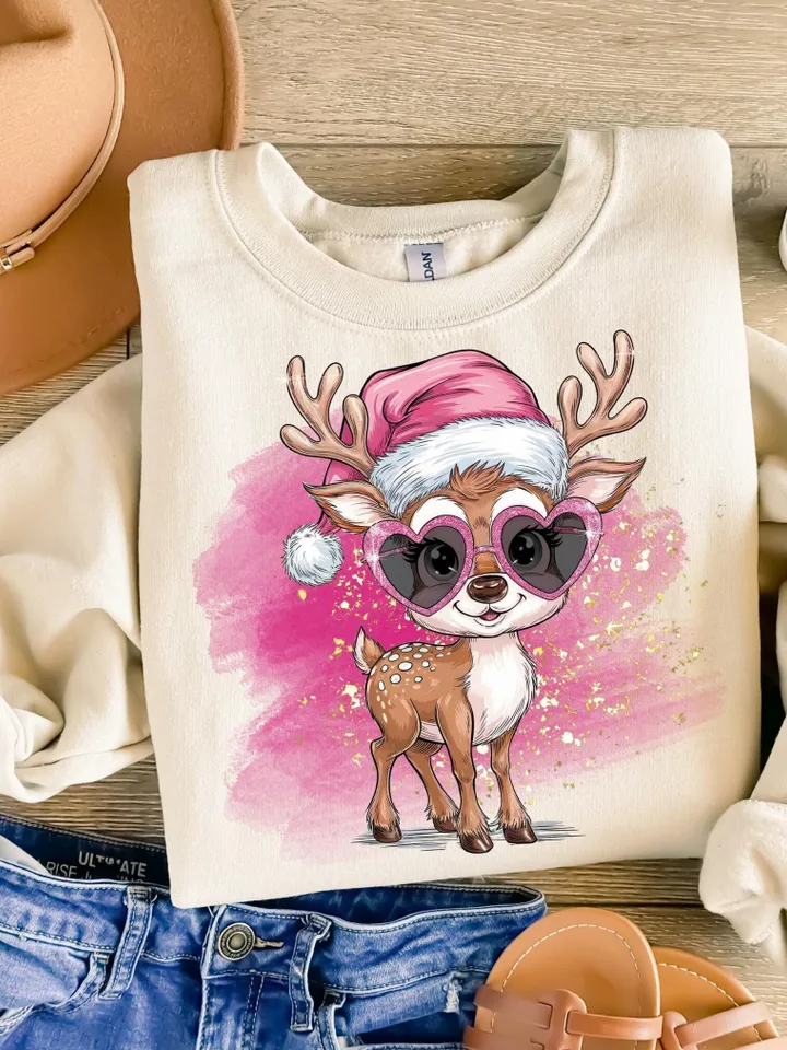 Iridescent Reindeer PNG - Christmas Designs For T-Shirts - Retro PNG - Retro Christmas Designs - Coquette Christmas Design - Reindeer Design