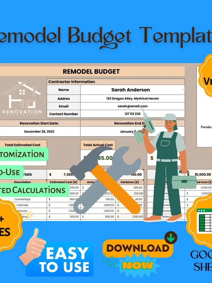 Remodel Budget Template, Editable Google Sheets Digital Download, Home Renovation Cost Tracker, Remodeling Expense Planner