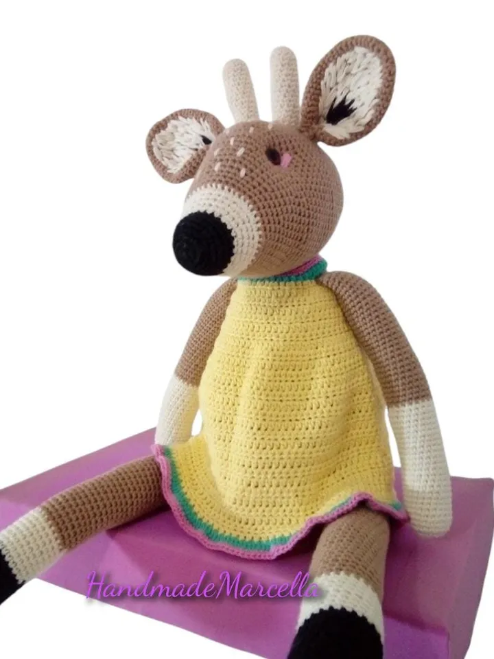 Large Amigurumi Deer – 57 cm Handmade Crochet Forest Animal – Deer in Yellow Dress – Soft Toy for Girl – Nursery Decor – Gift Idea