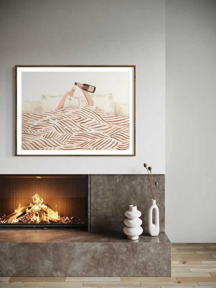 Woman Drinking Champagne In Bed, Watercolor Painting, Girls Bedroom Decor, Vintage Bar Print, Feminist Poster, Girly Wall Art, Alcohol Print