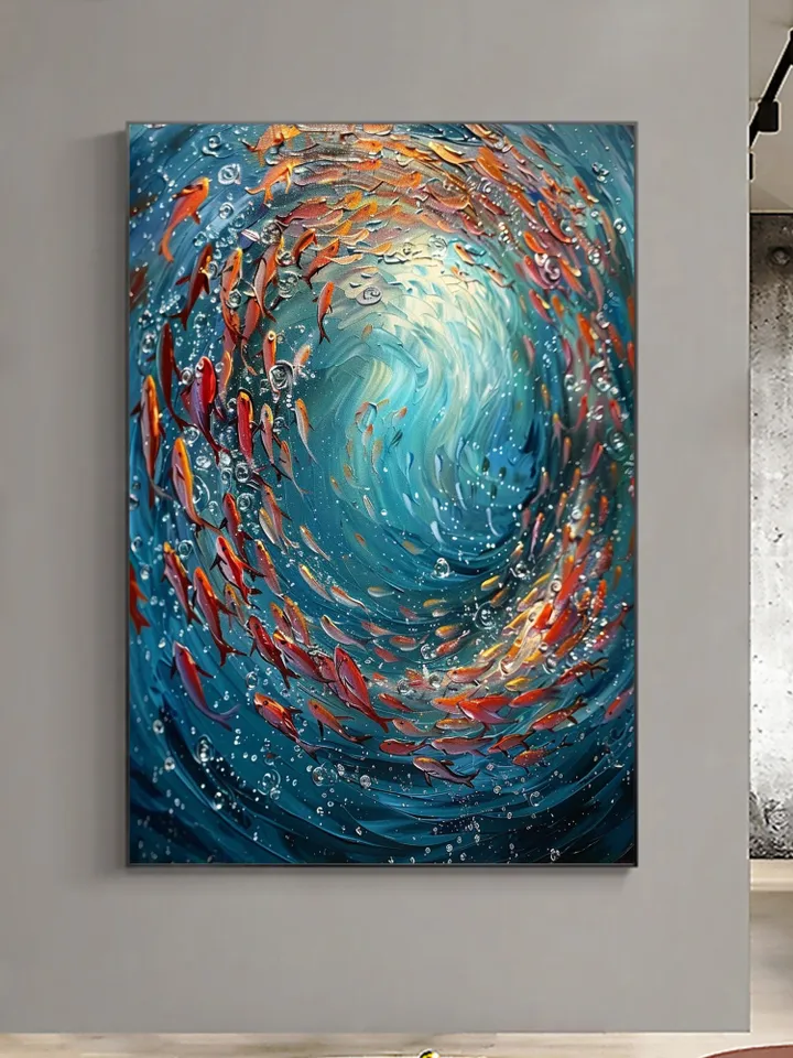 Original School Of Fish On The Bottom Of The Sea Oil Painting On Canvas, Abstract Blue Ocean Painting, Living Room Wall Art, Custom Painting