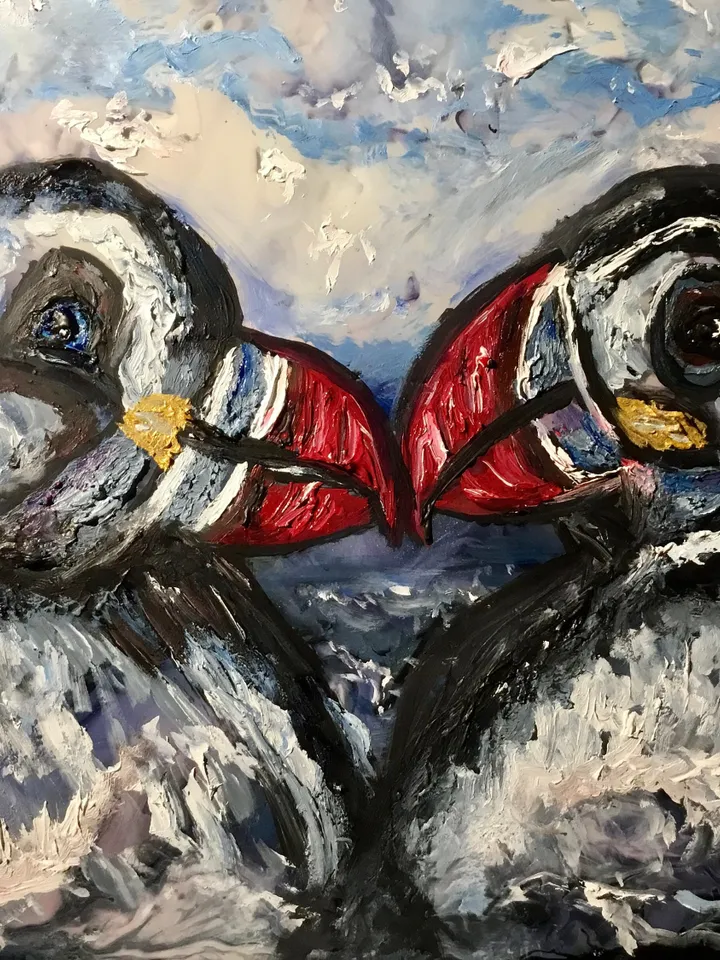 2 puffins original mix media oil painting on glass,stained glass panel,painting on glass,puffins in love,sea painting glass art,love gift.